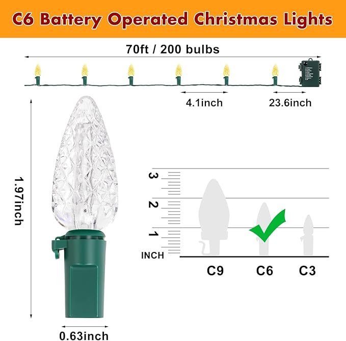 Brightever C6 Battery Christmas Lights, 70FT 200LED Christmas Tree Lights with Timer & 8 Lighting Modes, Battery Operated String Light for Xmas Indoor Outdoor Yard House Decor, Warm White, 1-Pack