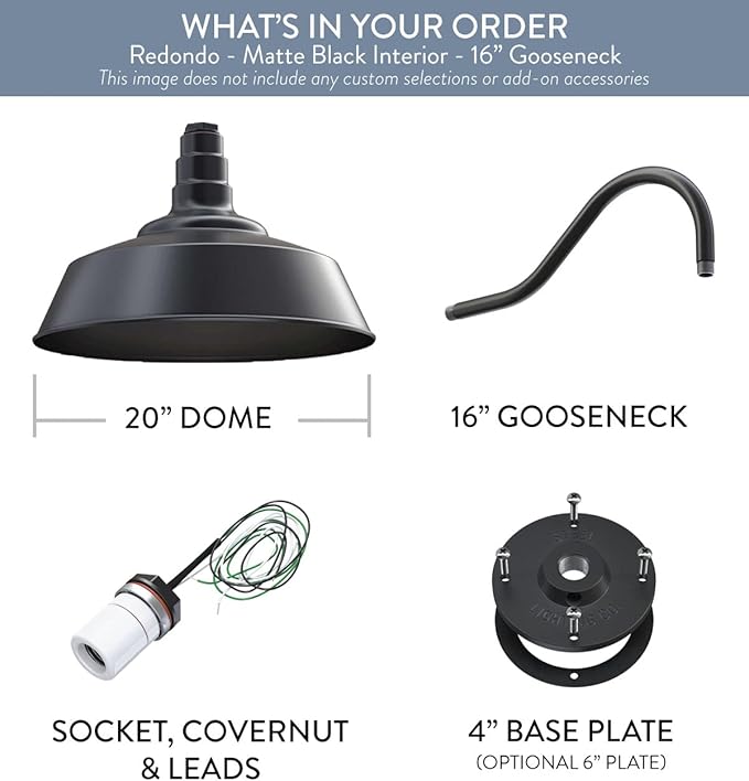 Steel Lighting Co. Redondo Barn Light | Outdoor Wall Mounted | 20 inch Dome | 16 inch Gooseneck | Large Farmhouse Warehouse Light Made in America | Matte Black Exterior/Matte Black Interior
