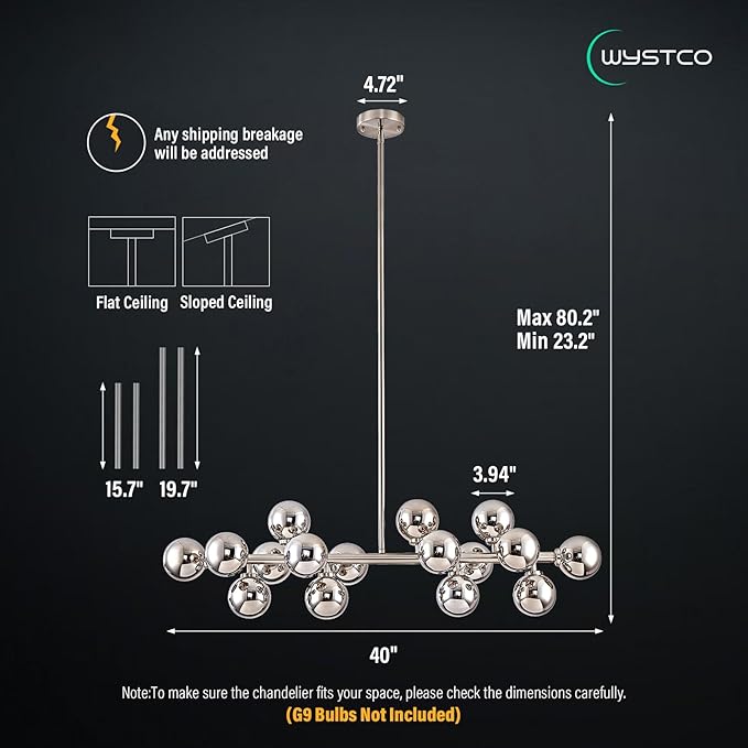 16-Light Globe Sputnik Chandelier, Mid Century Modern Light Fixture Over Table, Nickel Linear Chandeliers for Dining Room and Kitchen Island (Smoke Grey Glass Bubble Shades, 40 Inch)