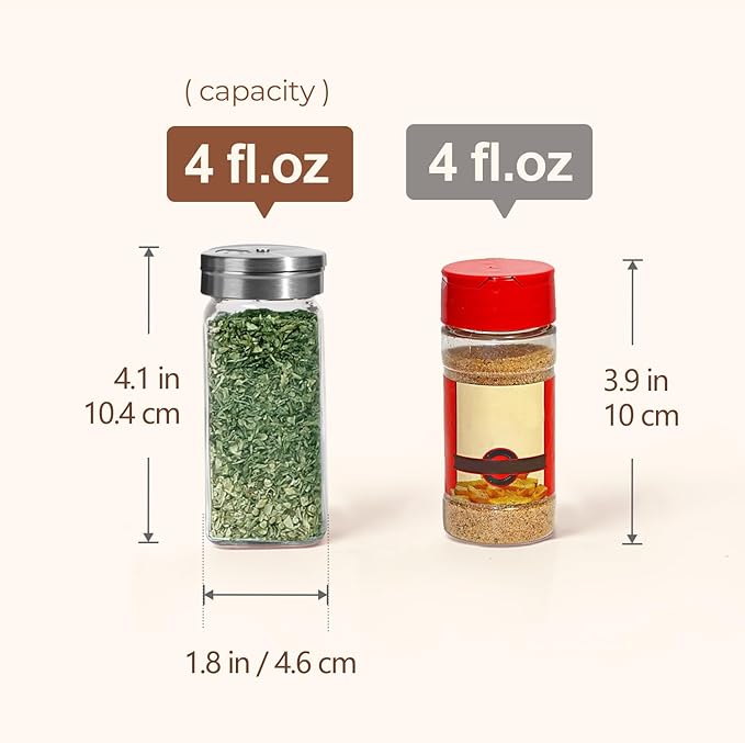 ComSaf 4oz 24PCS Spice Jars with Adjustable Shaker lids，93 Labels, Comdiment Jars Set, Empty Spice Containers and Square Ingredient Bottles for Kitchen and Seasoning, Salt and Pepper Shaker Set
