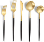 Lemeya Matte Black Gold Silverware Set for 4,Modern Stainless Steel Brushed Cutlery Set,20-Pieces Heavy Duty Flatware Set,Knives Spoons and Forks Set Utensils Set, Satin Finish, Dishwasher Safe