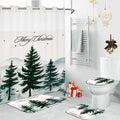 4pcs No Hook Christmas Shower Curtain Set, Merry Christmas Holiday Shower Curtain, Non-Slip Rug Toilet Lid Cover and Bath Mat, Green Xmas Tree Bathroom Decor Set, Waterproof, Washable.