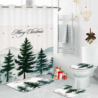 4pcs No Hook Christmas Shower Curtain Set, Merry Christmas Holiday Shower Curtain, Non-Slip Rug Toilet Lid Cover and Bath Mat, Green Xmas Tree Bathroom Decor Set, Waterproof, Washable.