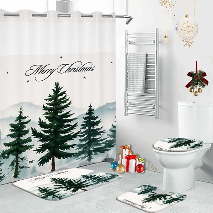 4pcs No Hook Christmas Shower Curtain Set, Merry Christmas Holiday Shower Curtain, Non-Slip Rug Toilet Lid Cover and Bath Mat, Green Xmas Tree Bathroom Decor Set, Waterproof, Washable.