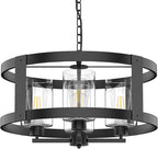 4-Light Farmhouse Chandelier, 20" Black Light Fixture with Glass Shade Modern Drum Lighting Fixtures Ceiling Pendant Lamp for Dining Room Kitchen Island Entrance Foyer Living Room Bedroom