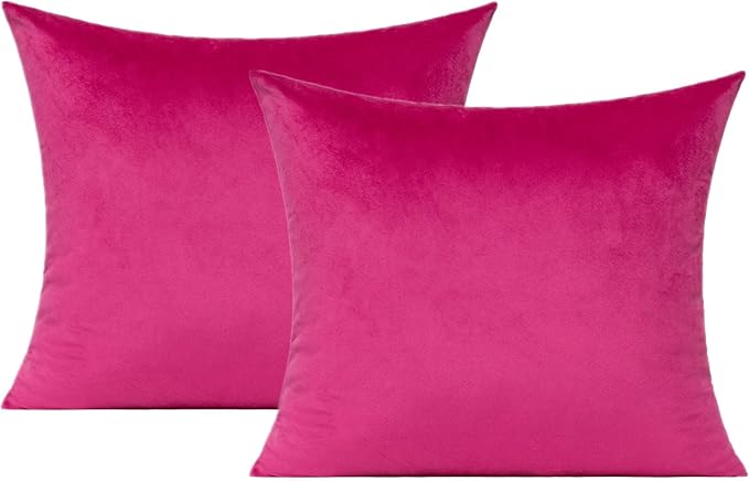 Hot Pink Throw Pillow Covers Velvet Decorative Cushion Cases Cozy Soft Solid Square Home Decor for Car Couch Sofa Bedroom Office 18"x18" Set of 2