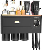 iHave Toothbrush Holders for Bathrooms - Upgrade Wall Mounted Toothbrush Holder with Toothpaste Dispenser - 3 Cups, Large Capacity Tray - Bathroom Accessories & Bathroom Storage