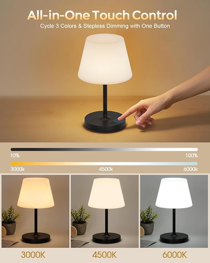 Outdoor Battery Operated Table Lamp, IP54 Waterproof Shower Lamp, 4000mAh Rechargeable Cordless Lamp, 3 Color Temperatures Dimmable, Small Touch Table Lamp for Bedroom, Patio, Camping, Restaurant