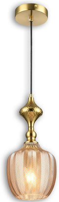 Modern Glass Pendant Light, 6.5"x14" Amber Sunset-Striped Hanging Fixture with Gold Cap, 15"-72" Adjustable Line, E26 Socket for Dining Room or Lounge – Sunset Gold Bordeaux