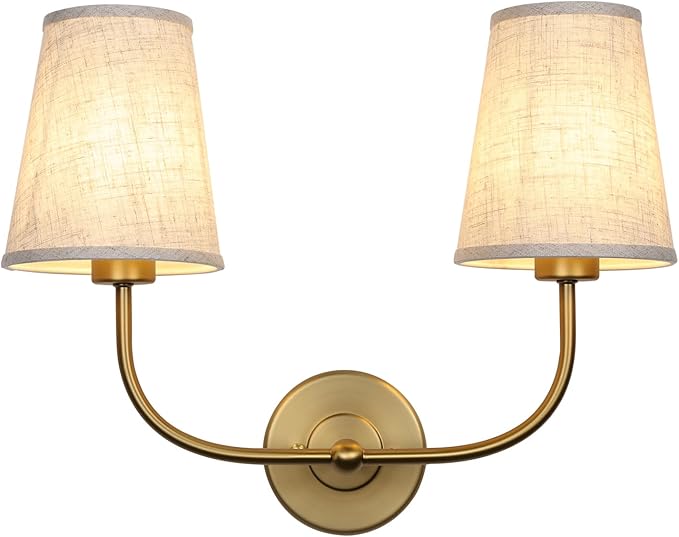 2-Lights Wall Sconces with Funnel Linen Fabric Shades, Double Light Wall Lamps for Bedroom Living Room Vanity Bathroom Hallway Stairway