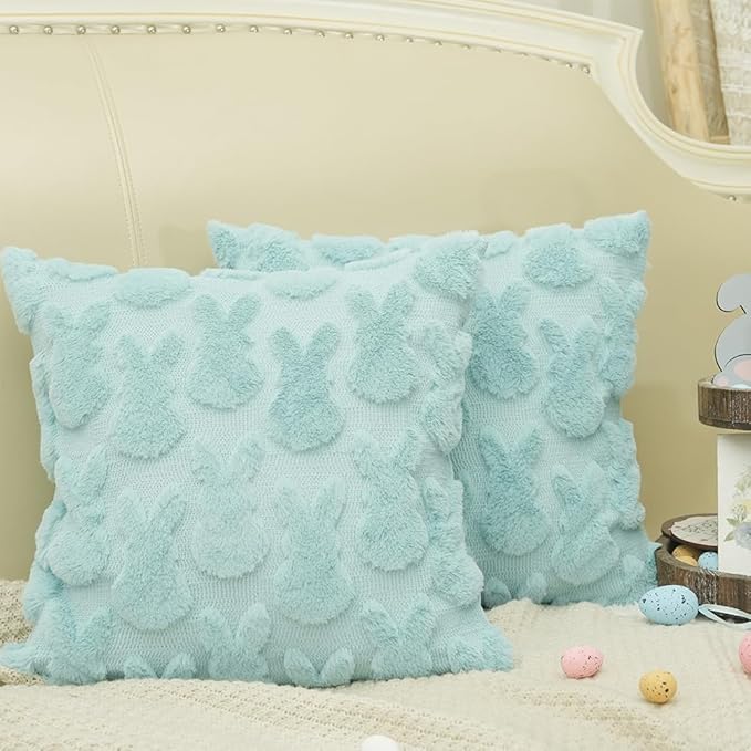 GEEORY Easter Bunny Soft Plush Pillow Covers, 16 x 16 Inch Set of 2, Fluffy Faux Fur Wool Decorative Farmhouse Cushion Case for Sofa Home Decoration Blue GC014-16