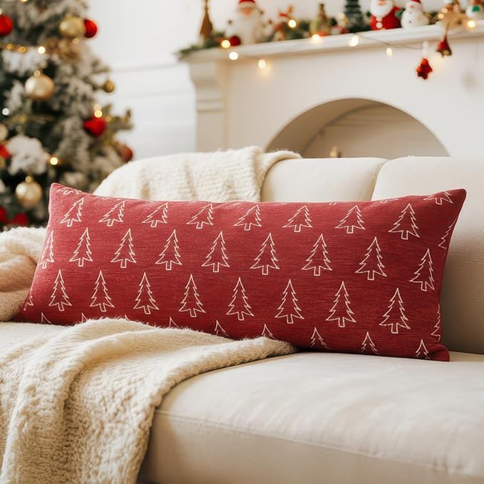 Reversible Christmas Pillow Covers 14x36, Chenille Double-Sided Snowflake & Tree, Cozy Farmhouse Holiday Throw Pillowcases with Hidden Zipper for Sofa, Couch and Bed(Red,36x14)