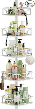 Skycarper 5 Tier Adjustable Corner Shower Caddy Organizer with Hooks,Rustproof Tension Pole 62-116 Inch,White