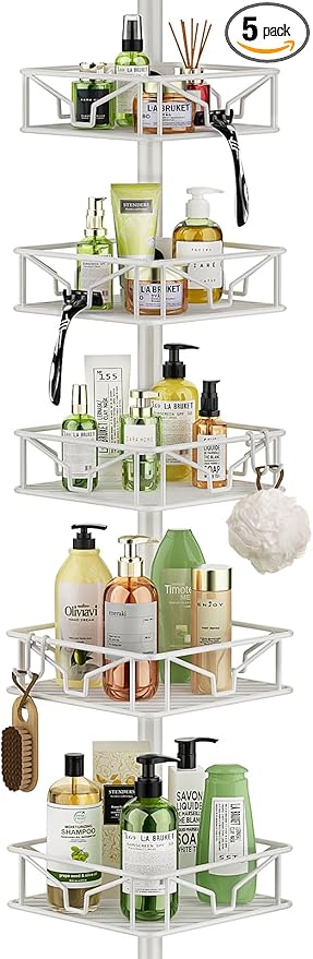 Skycarper 5 Tier Adjustable Corner Shower Caddy Organizer with Hooks,Rustproof Tension Pole 62-116 Inch,White