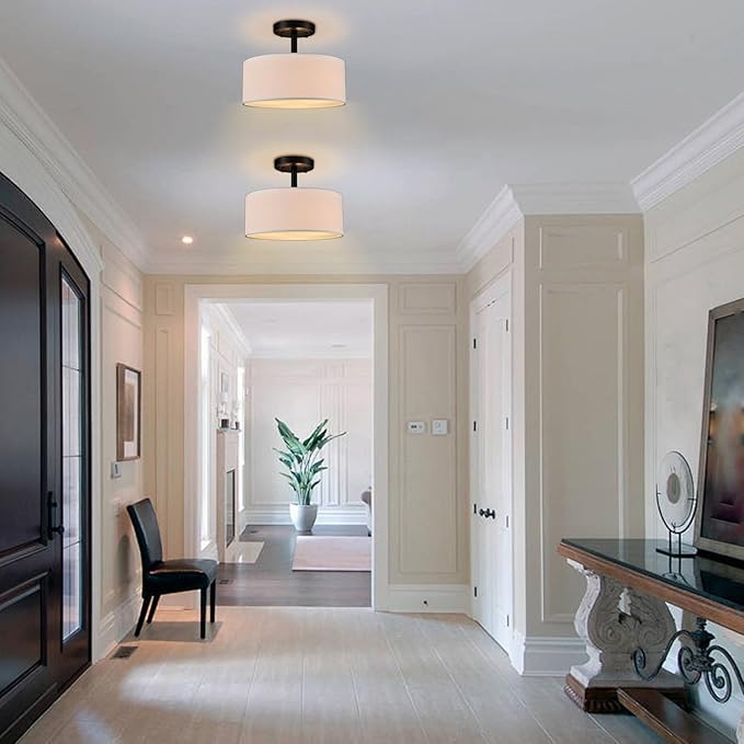 Modern Black Light Fixture Ceiling Mount Flush Mount Drum Ceiling Light Fixture 3 Light Semi Flush Mount Ceiling Light for Hallway Bedroom Entryway Foyer Office