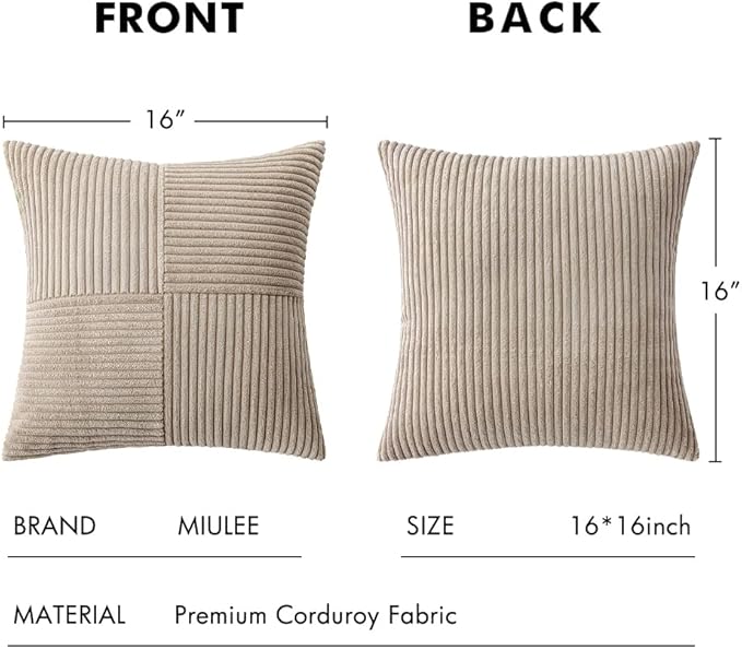 MIULEE Light Brown Corduroy Pillow Covers Pack of 2 Boho Decorative Spliced Throw Pillow Covers Soft Solid Couch Pillowcases Cross Patchwork Textured Cushion Covers for Living Room Bed Sofa 16x16 inch