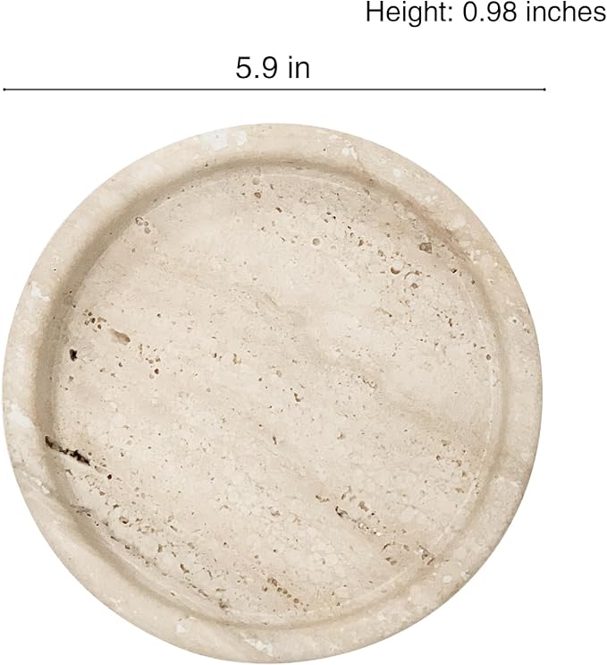 Travertine Tray, Small Ceramic Vanity Tray for Bathroom Counter Decor, Round Marble Decorative Trays for Coffee Table (Beige, Small Size)