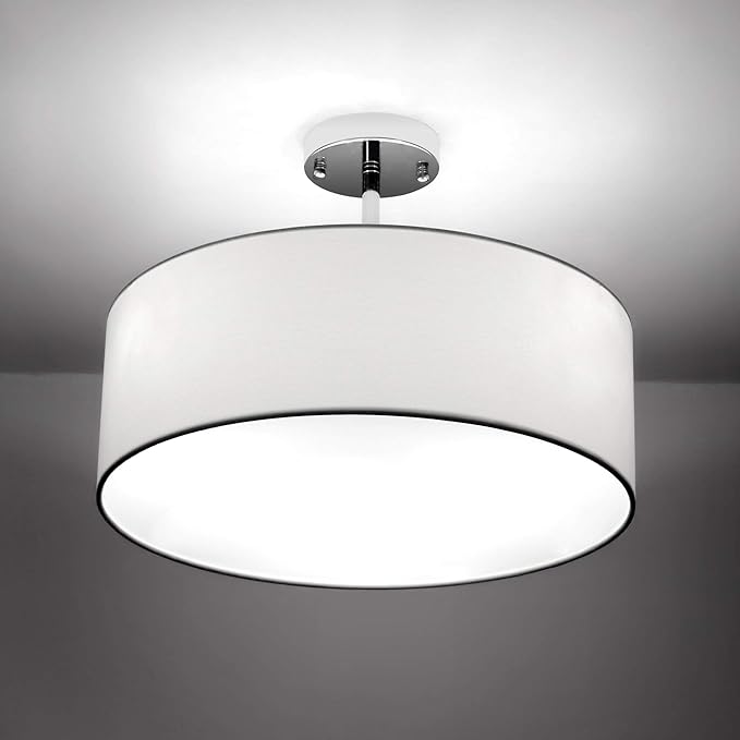 SomSom Ceiling Light, Semi-Flush Mount Modern Fabric Pendant Light Shade, Large White Drum Lampshade, Round Pendant Lamp, Lamps for bedrooms, Flush Chrome Matt, 3 Bulbs
