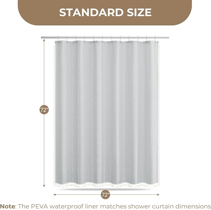 downluxe Linen Texture 3 in 1 Farmhouse Shower Curtain Set with Tassel, Boho Fabric Shower Curtains for Bathroom, Grey, 72W x 72L