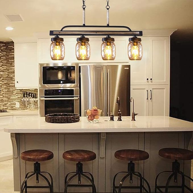 Wellmet Farmhouse Dining Room Chandelier, Black Mason Jar Chandelier Lighting Fixture for Kitchen Island, Dining Table, Rustic Linear Cluster Hanging Pendant Light, Faux Wood with Glass Shade