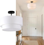 3-Light Semi Flush Mount Ceiling Light Fixture, 16 inch Drum Light Fixture with 2-Layer White Drum Fabric Shade, Entryway Ceiling Light Fixtures for Bedroom Dining Room