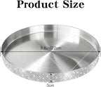 Round Bling Stainless Steel Serving Tray, Shiny Serving Platter for Coffee Table Display, Glitter Rhinestones Decorative Tray for Home Decor (Silver-8.6 inch)