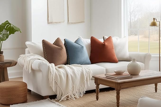 Decorative Neutral Linen Throw Pillow Covers 20x20 Inch Set of 2, Burnt Orange Boho Farmhouse Pillow Covers with Braid Fringe for Sofa Bed Modern Couch Pillow Cases for Organic Home Decor