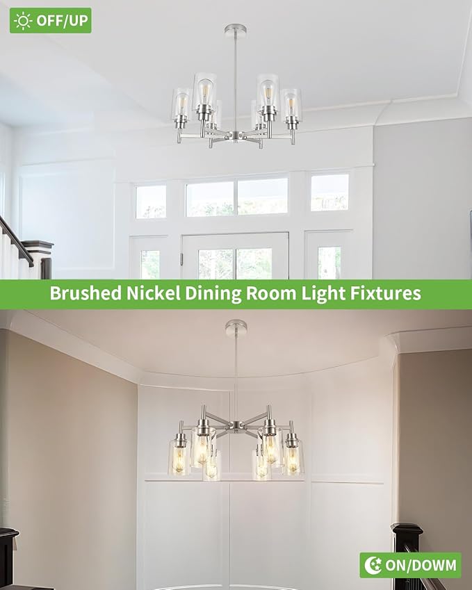 Farmhouse Chandeliers for Dining Room Brushed Nickel Chandelier Fixture with Clear Glass Shades 6 Light Dining Room Light Fixtures Pendant Lights for Kitchen Island Living Room Staircase
