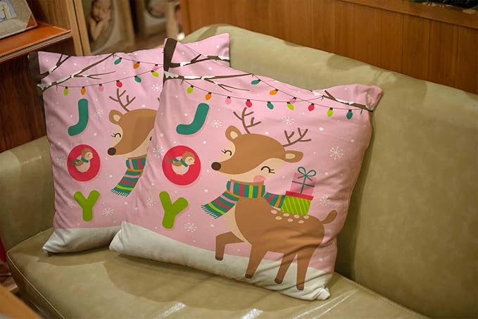 CAPSCEOLL 2PCS Pink Deer Pillow Covers - 18x18Inch Christmas Cute Reindeer Bird Gift Box Joy Bulb Tree Merry New Year Bedroom Sofa Living Room Pillow Covers
