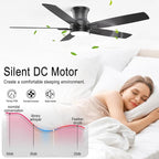 YUHAO 52 Inch Flush Mount Black Ceiling Fan with Light and Remote Control.Noiseless,Dimmable,3CCT,6 Speeds Reversible, Low Profile DC Ceiling Fans for Indoor Use