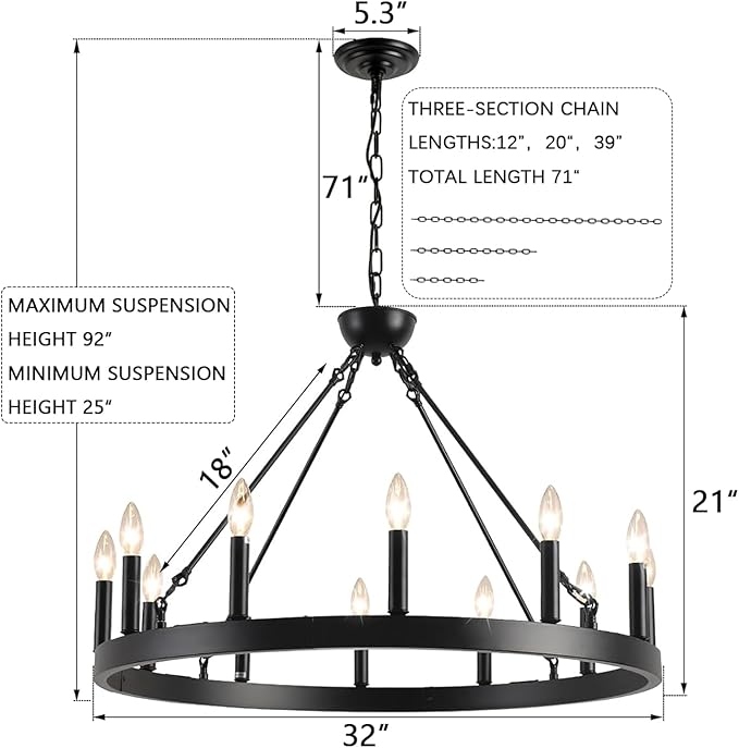 Black Wagon Wheel Chandelier 32 inch,12-Light Farmhouse Wagon Wheel Chandeliers Round Industrial Ceiling Light fixtures for Outdoor Porch high Ceilings Living Dining Room Foyer Entryway