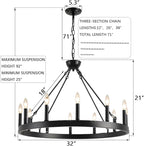 Black Wagon Wheel Chandelier 32 inch,12-Light Farmhouse Wagon Wheel Chandeliers Round Industrial Ceiling Light fixtures for Outdoor Porch high Ceilings Living Dining Room Foyer Entryway