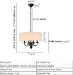 Modern Drum Chandelier Light Fixture 4-Light Black Drum Chandelier with Linen Shade 17.75" Chandelier for Dining Room, Living Room, Bedroom,Kitchen Island, E12