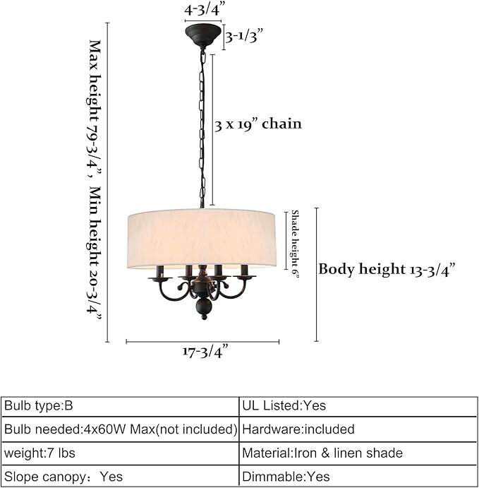 Modern Drum Chandelier Light Fixture 4-Light Black Drum Chandelier with Linen Shade 17.75" Chandelier for Dining Room, Living Room, Bedroom,Kitchen Island, E12