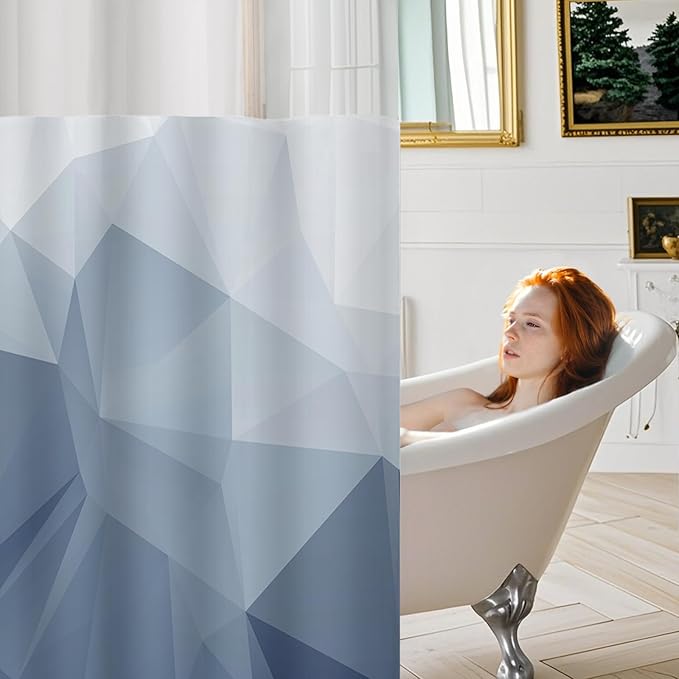 No Hook Shower Curtain with Snap in Liner and Sheer Window, Blue Modern Geometric Fabric Shower Curtain Set for Bathroom Decor, 15-Second Quick Install, Abstract Irregular Ombre, 71"X86"