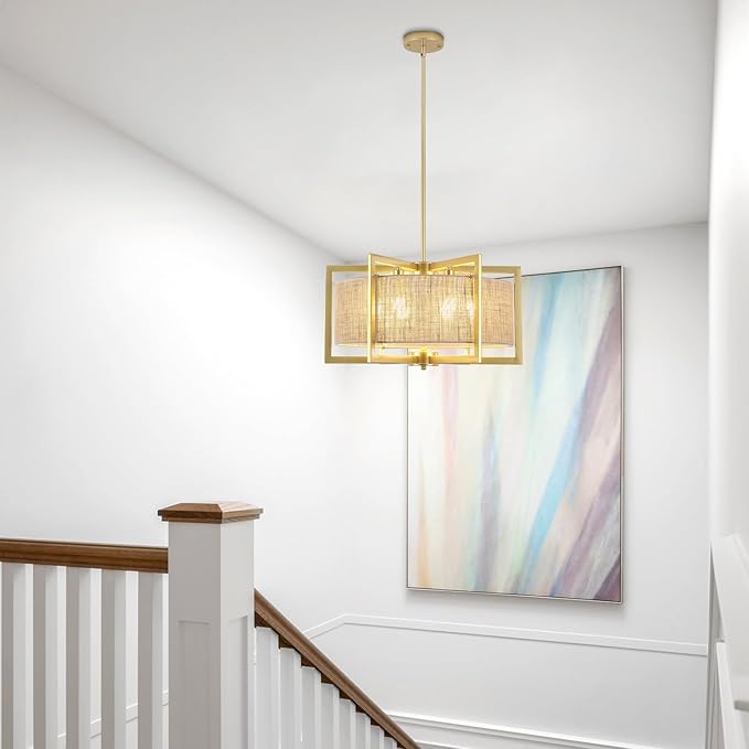 ALISADABOY Sprayed Gold Chandelier for Dining Room 21.25’’ Modern Farmhouse Geometric Drum Chandelier Industrial 6 Light Pendant Light Fixtures for Kitchen Island Entryway Foyer Hallway