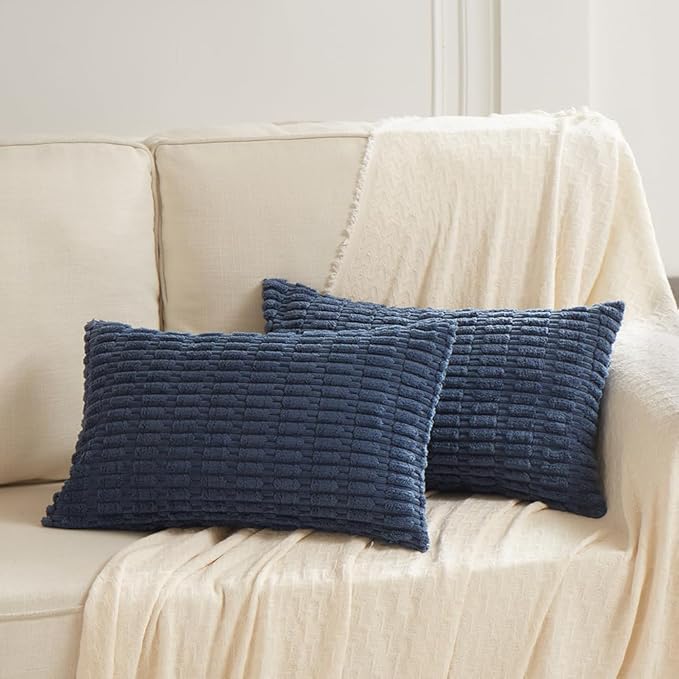 Fancy Homi Dusty Blue Lumbar Decorative Throw Pillow Covers 12x24 Inch for Living Room Couch Bed Sofa, Rustic Farmhouse Boho Home Decor, Soft Striped Corduroy Rectangle Cushion Case 30x60 cm