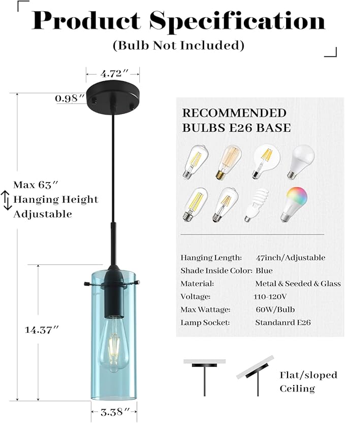 Blue Glass Pendant Light, Kitchen Pendant Lights 1 Pack, Modern Clear Hanging Pendant Light, Island Pendant Lights for Kitchen Island, Bedroom, Living Room, Bathroom