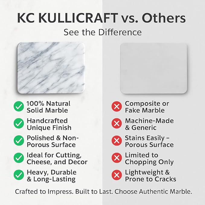 KC KULLICRAFT 8×12 Inches White Marble Cheese & Charcuterie Serving Board – Natural Marble Cutting Board & Pastry Slab with Non‑Slip Feet – Premium Stone Kitchen Tray Gift.