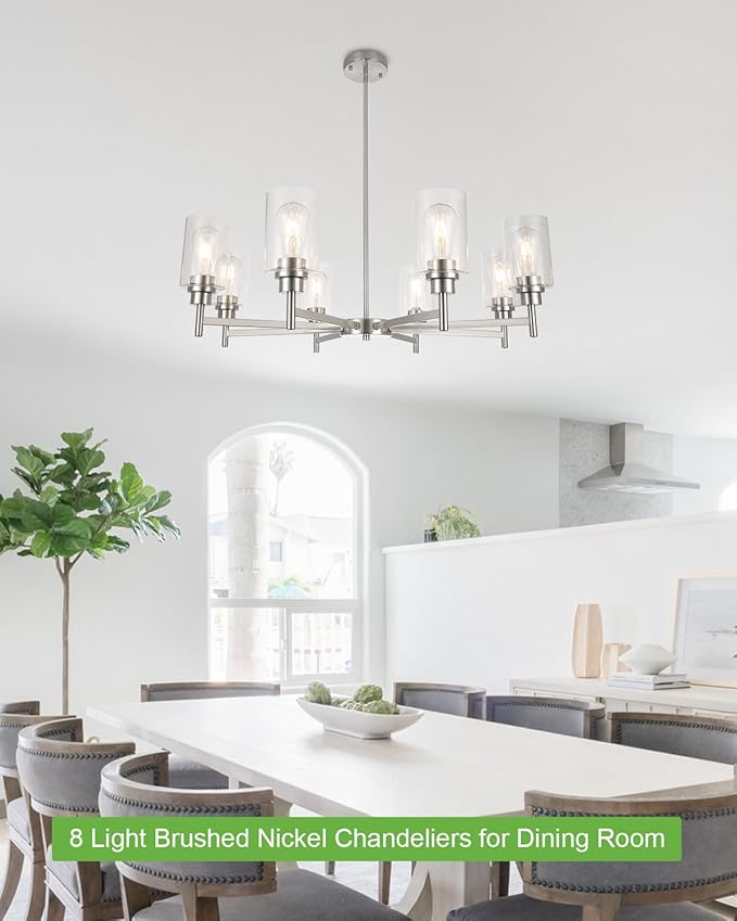 Brushed Nickel Chandeliers for Dining Room, Farmhouse Chandeliers Light Fixture with Clear Glass Shades 8 Light Dining Room Light Fixtures Pendant Lights for Kitchen Island Living Room