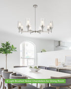 Brushed Nickel Chandeliers for Dining Room, Farmhouse Chandeliers Light Fixture with Clear Glass Shades 8 Light Dining Room Light Fixtures Pendant Lights for Kitchen Island Living Room