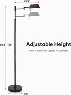 VONLUCE Dimmable LED Floor Lamp, 56" Floor Lamp for Living Room with Adjustable Height Swing Arms 3 Color Temperatures, Industrial Standing Pole Lamp for Bedroom Reading, Rustic Black