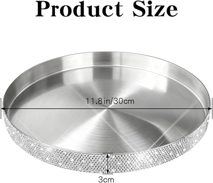 Round Bling Stainless Steel Serving Tray, Shiny Serving Platter for Coffee Table Display, Glitter Rhinestones Decorative Tray for Home Decor (Silver-11.8 inch)