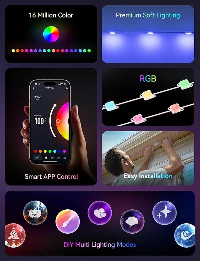 Smart Permanent Outdoor Lights, 100FT with 50 LED RGB LED Lights Outside with DIY Colors Scene Modes, IP67 Waterproof Eaves Lights for Christmas Halloween Holiday Party Garden Daily Decorations