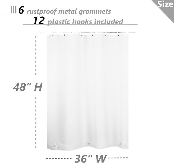 Waterproof Shower Curtain for Window Inside Shower, 36 x 48 Inches Short Plastic Bathroom Window Curtain Heavy Duty Vinyl with Hooks, White, 36x48