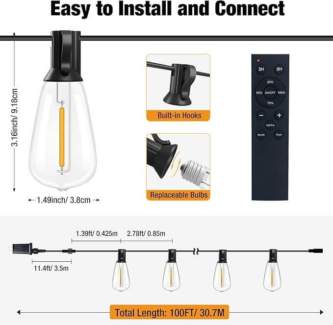 btfarm 100FT LED Outdoor String Lights Waterproof with Remote, Patio Lights with 32+2 ST38 Edison Bulbs, Hanging Light for Outside with Timer for Backyard Party Yard Gazebo Porch, 2700K Dimmable