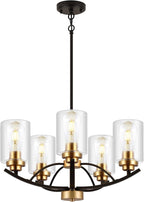 9MMML 5 Lights Glass Chandelier,Wrought Iron Pendant Light Fixtures, Gold+Black Finish Kitchen Island Lighting for Dining&Living Room Foyer Bar