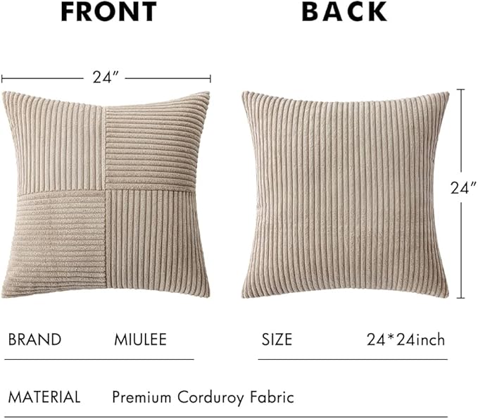 MIULEE Light Brown Corduroy Pillow Covers Pack of 2 Boho Decorative Spliced Throw Pillow Covers Soft Solid Couch Pillowcases Cross Patchwork Textured Cushion Covers for Living Room Bed Sofa 24x24 inch