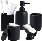 Resin Matte Black Bathroom Accessories Set of 5, Lotion Soap Dispenser, Bathroom Organizer Accessory, Toothbrush Holder, Self Draining Soap Dish and Bathroom Tumbler for Modern Home Decor