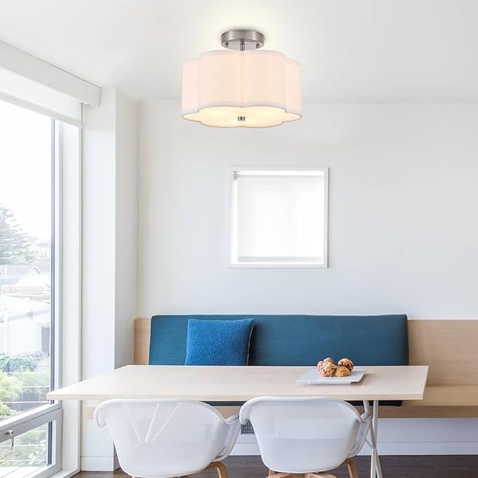 Modern Drum Semi Flush Mount Ceiling Light Fixture Modern 3-Lights Linen Drum Ceiling Lighting with Chrome Finish, Vintage Modern Ceiling Light for Laundry Room, Kitchen, Basement, Bedroom